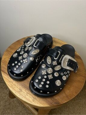 Black Studded Slip-On Clogs with Silver Buckle and Accents